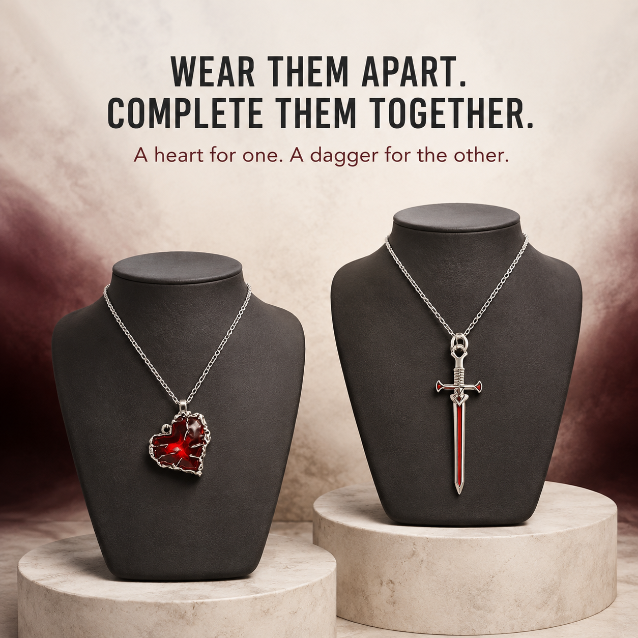 🖤 Heart & Dagger Couple Necklace Set – Two-Piece Gothic Matching Pendants