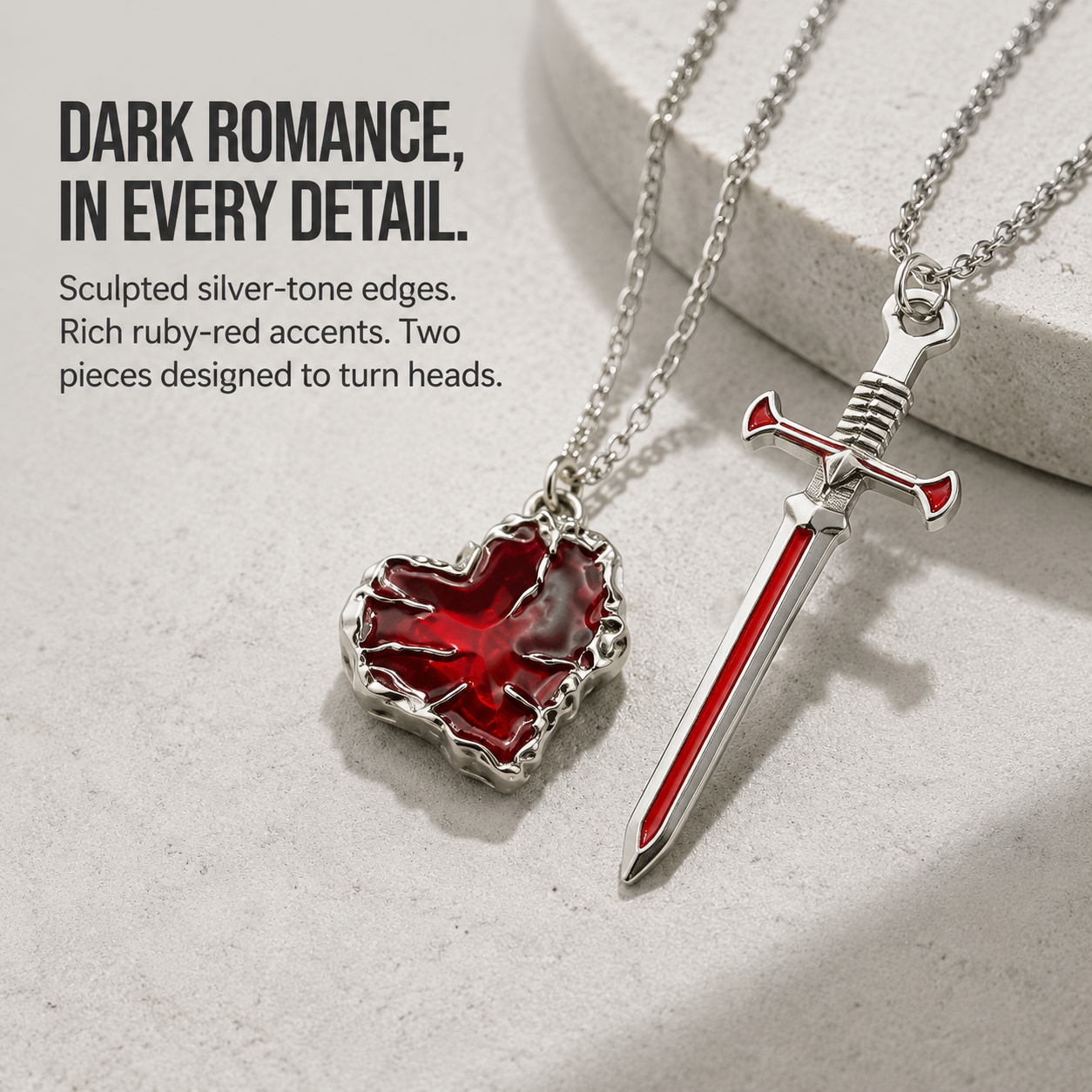 🖤 Heart & Dagger Couple Necklace Set – Two-Piece Gothic Matching Pendants