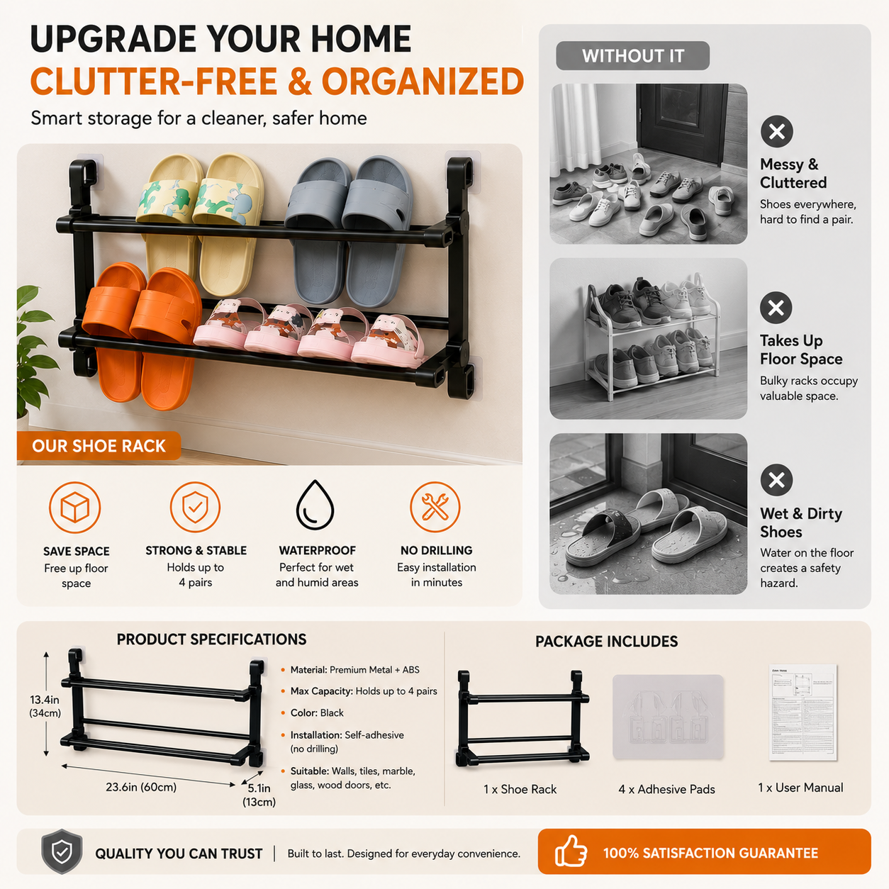 👟 Wall-Mounted Folding Shoe Rack – No-Drill 2-Tier Space-Saving Storage