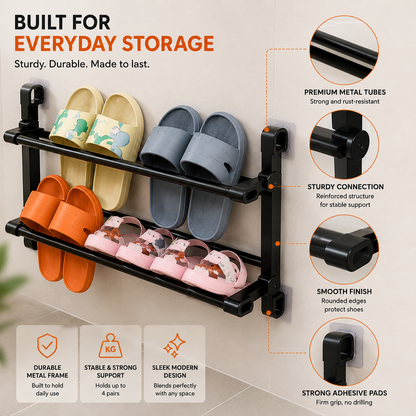👟 Wall-Mounted Folding Shoe Rack – No-Drill 2-Tier Space-Saving Storage