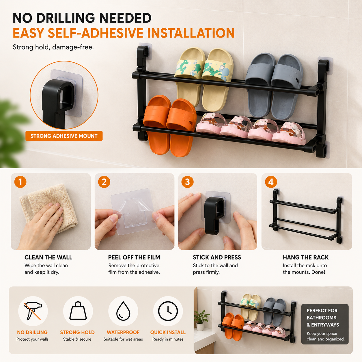 👟 Wall-Mounted Folding Shoe Rack – No-Drill 2-Tier Space-Saving Storage