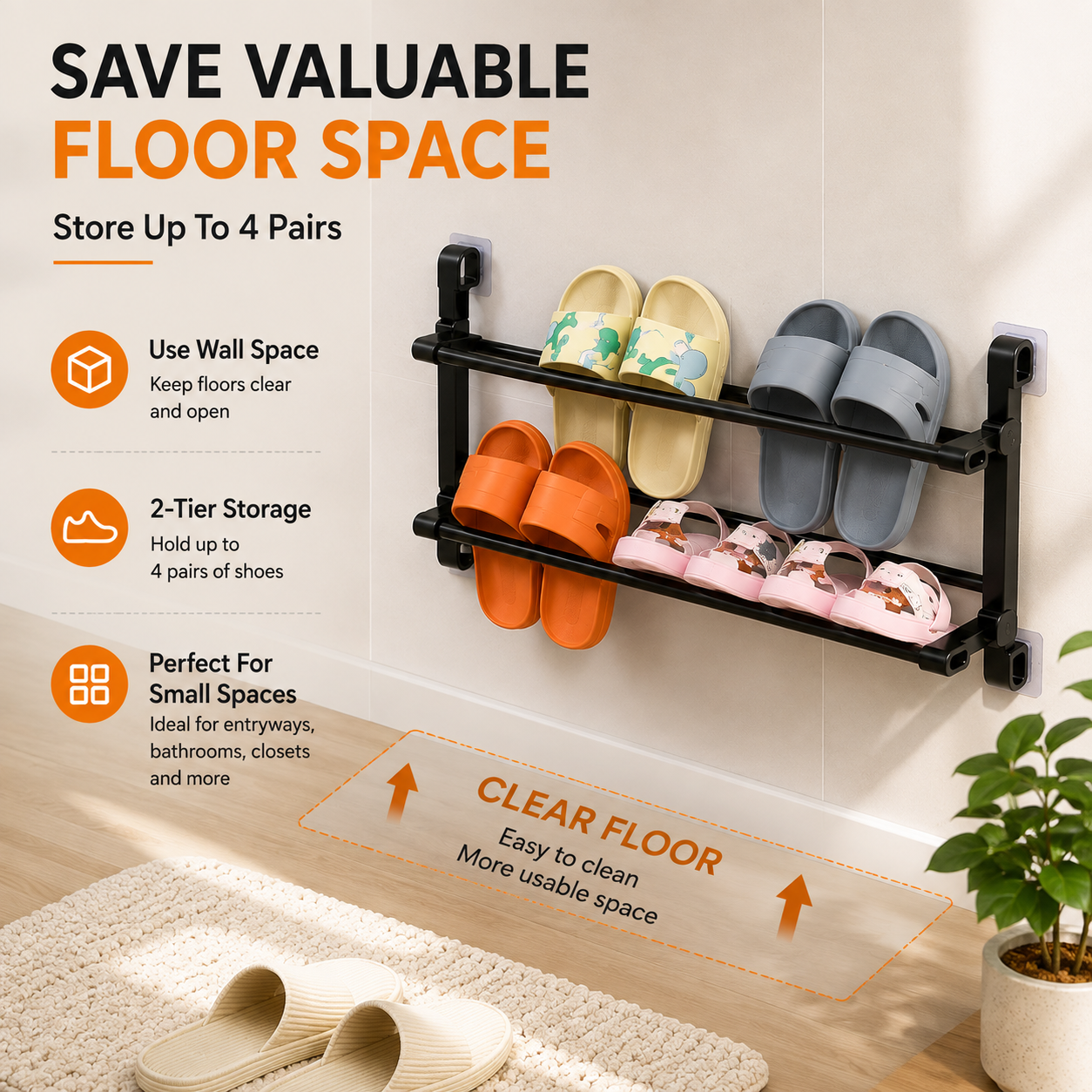 👟 Wall-Mounted Folding Shoe Rack – No-Drill 2-Tier Space-Saving Storage