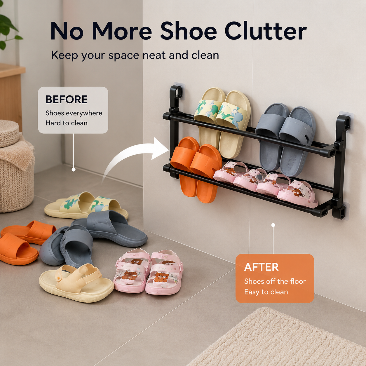 👟 Wall-Mounted Folding Shoe Rack – No-Drill 2-Tier Space-Saving Storage