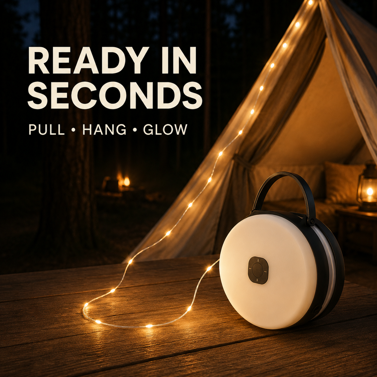 🏕️ Retractable Camping String Lights with Portable Lantern – Pull, Hang & Reel Away
