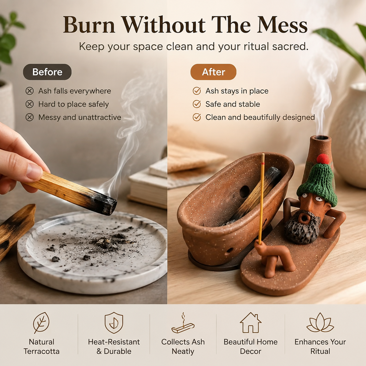 🌿 Terracotta Palo Santo Holder – Handmade Incense Burner For Calm Home Rituals