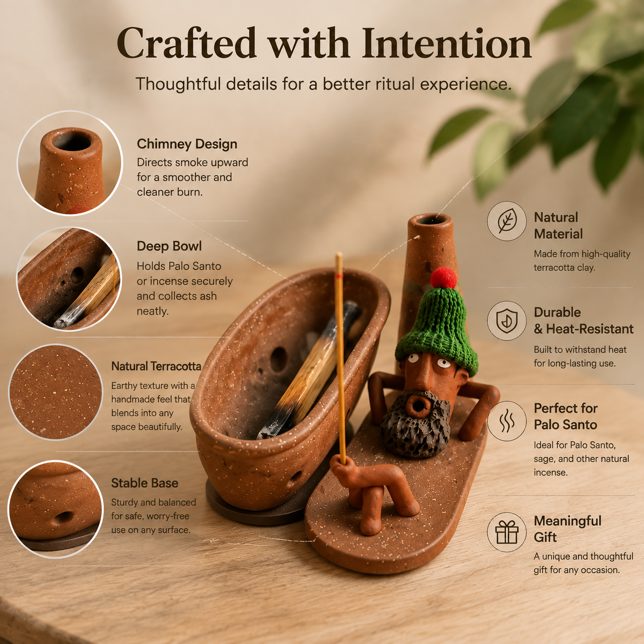 🌿 Terracotta Palo Santo Holder – Handmade Incense Burner For Calm Home Rituals