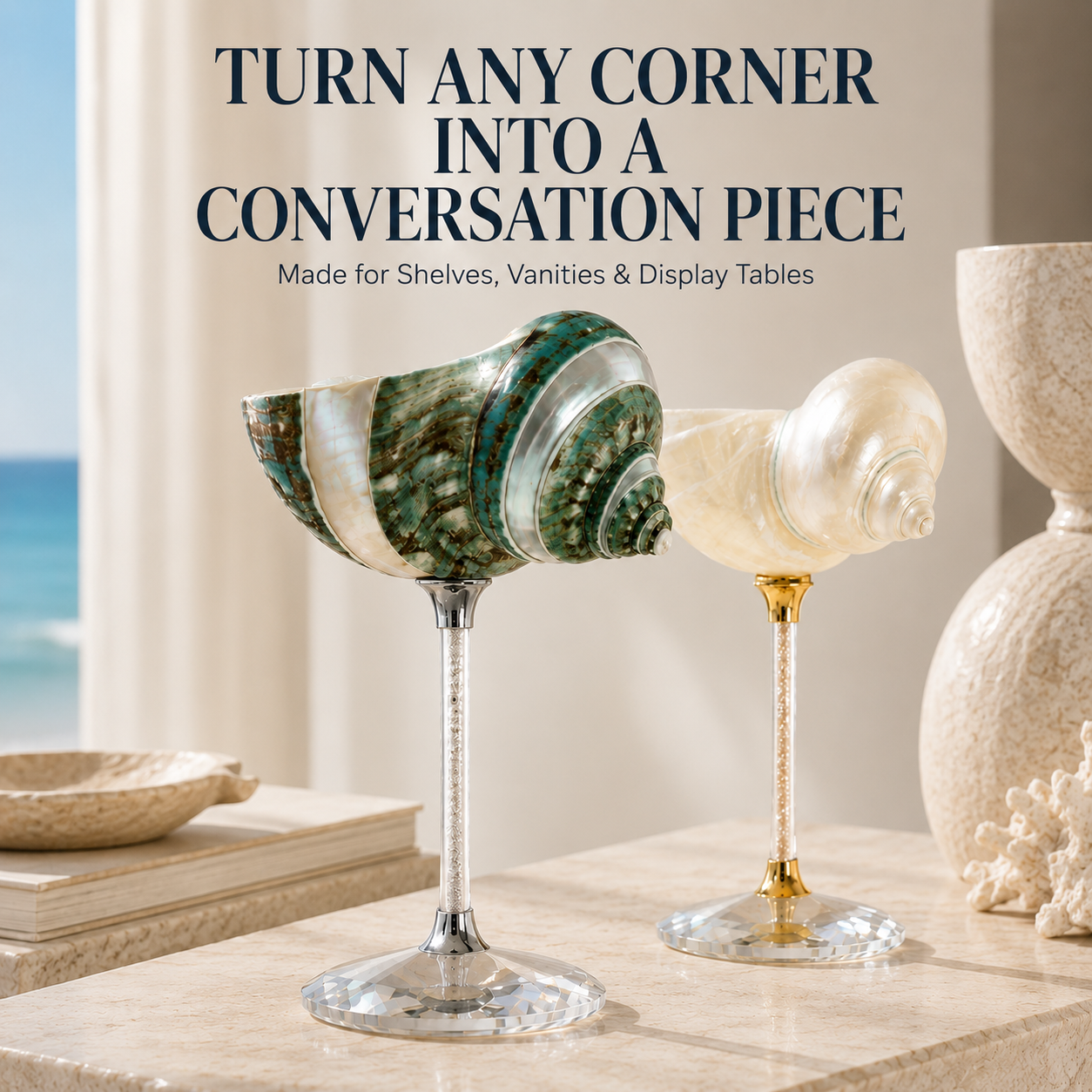 🌊 Handcrafted Conch Shell Display Goblet – Coastal Art Décor
