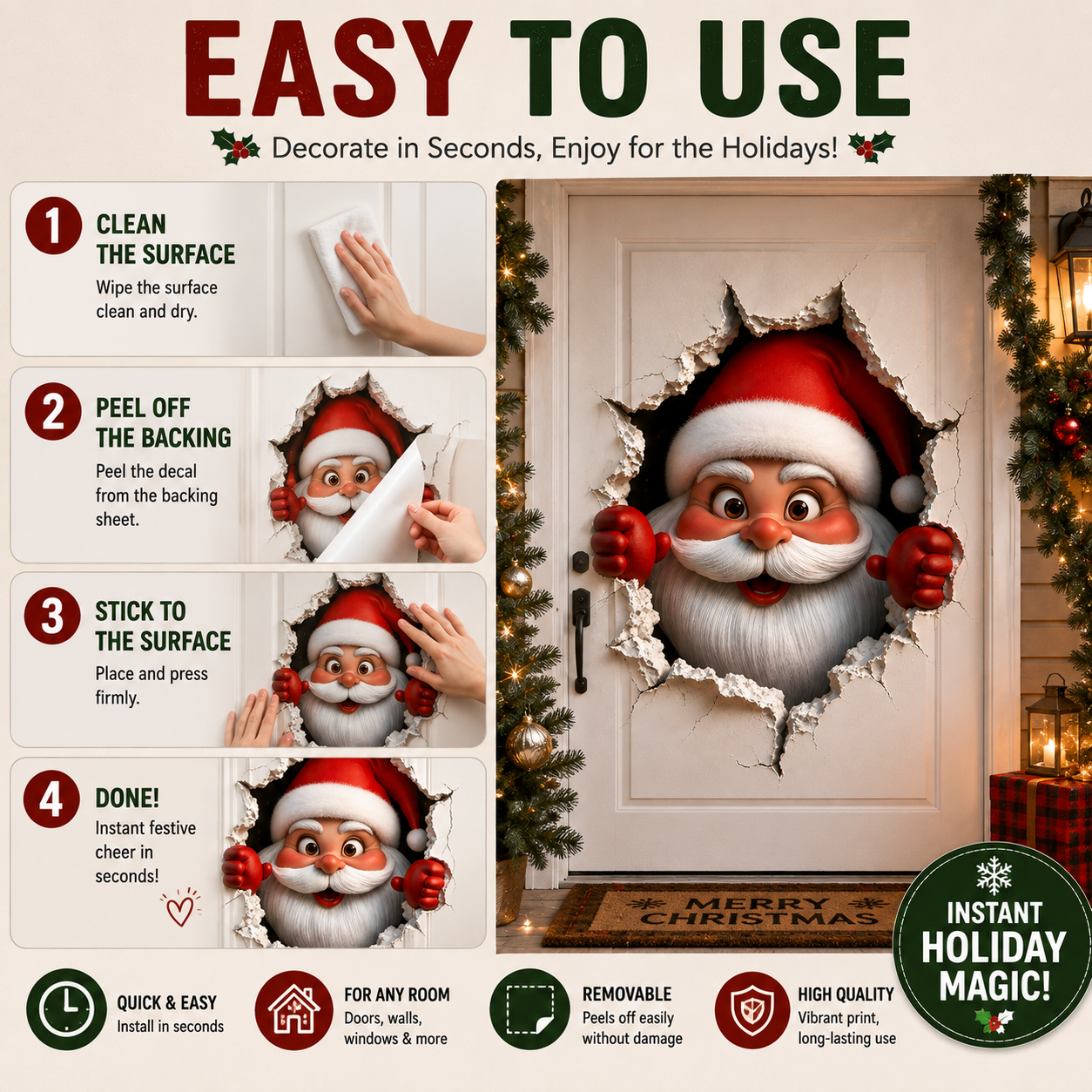 🎅 3D Santa Christmas Wall Decal | Festive Holiday Decor