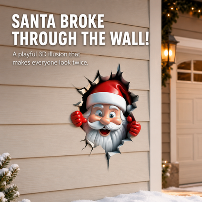 🎅 3D Santa Breaking Through Wall Decal – Funny Christmas Illusion Sticker