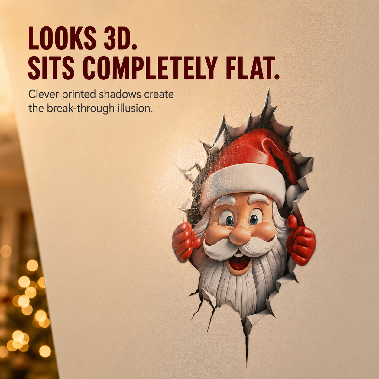 🎅 3D Santa Breaking Through Wall Decal – Funny Christmas Illusion Sticker
