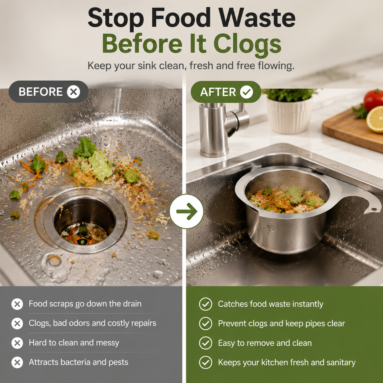 🗑️ Stop Food Scraps In Your Drain | Stainless Steel Sink Strainer Basket