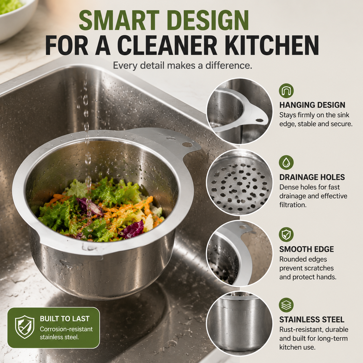 🗑️ Stop Food Scraps In Your Drain | Stainless Steel Sink Strainer Basket