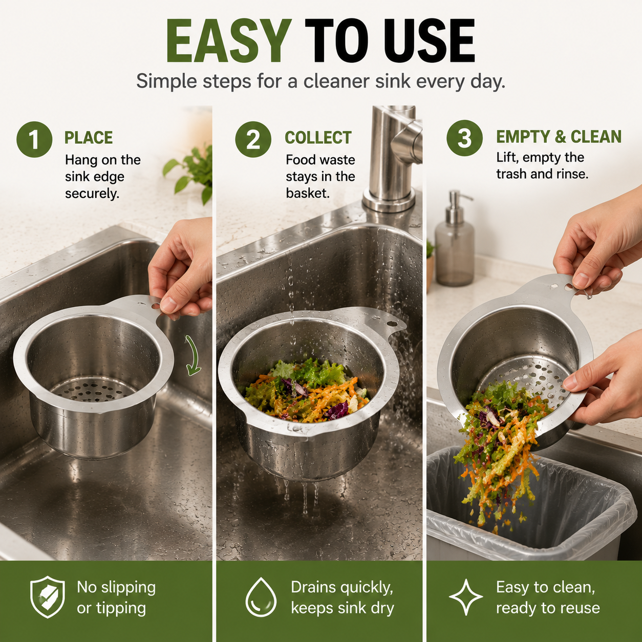🗑️ Stop Food Scraps In Your Drain | Stainless Steel Sink Strainer Basket