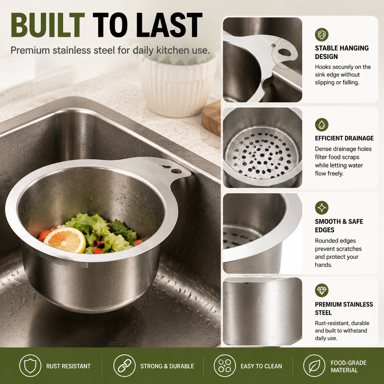 🗑️ Stop Food Scraps In Your Drain | Stainless Steel Sink Strainer Basket