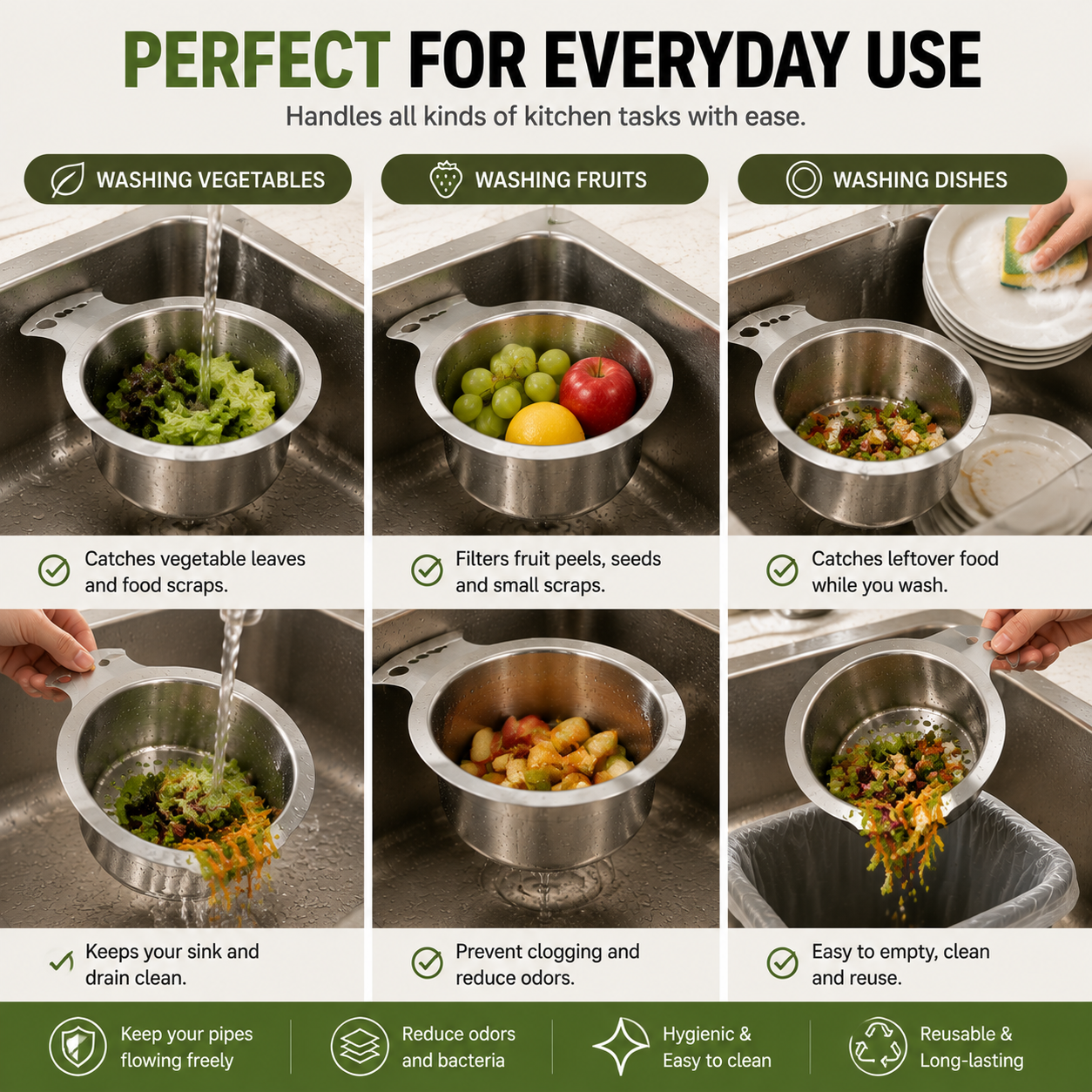 🗑️ Stop Food Scraps In Your Drain | Stainless Steel Sink Strainer Basket