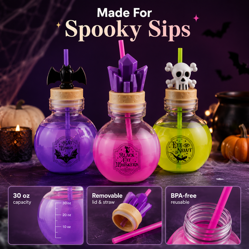 🎃 30 oz Halloween Potion Bottle with Straw – Crystal, Bat & Skull