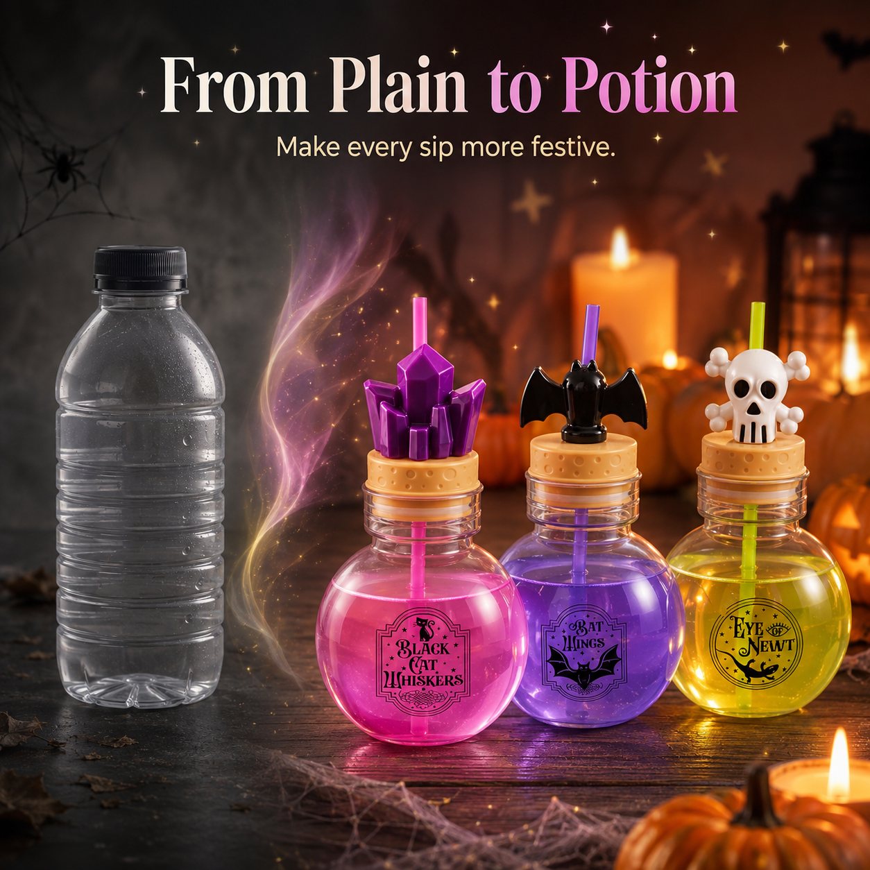 🎃 30 oz Halloween Potion Bottle with Straw – Crystal, Bat & Skull