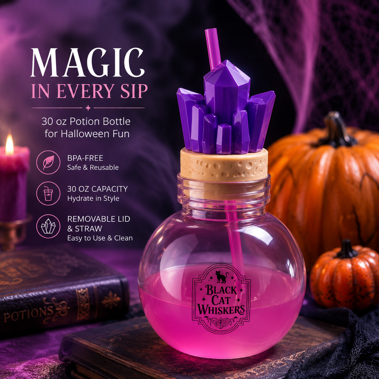 🎃 30 oz Halloween Potion Bottle with Straw – Crystal, Bat & Skull
