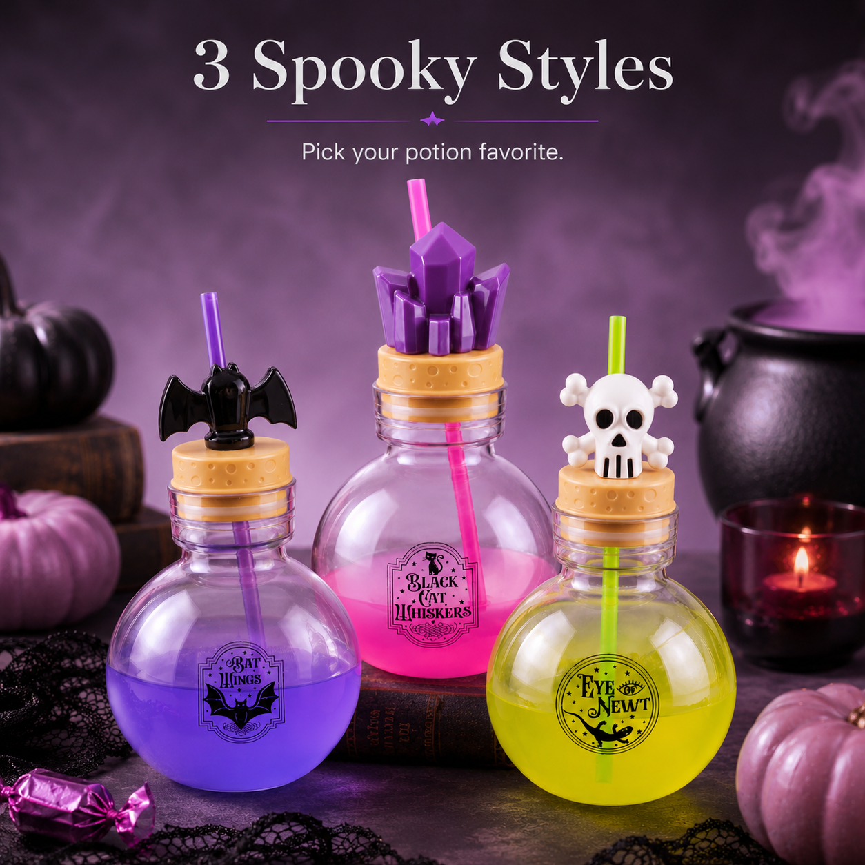 🎃 30 oz Halloween Potion Bottle with Straw – Crystal, Bat & Skull