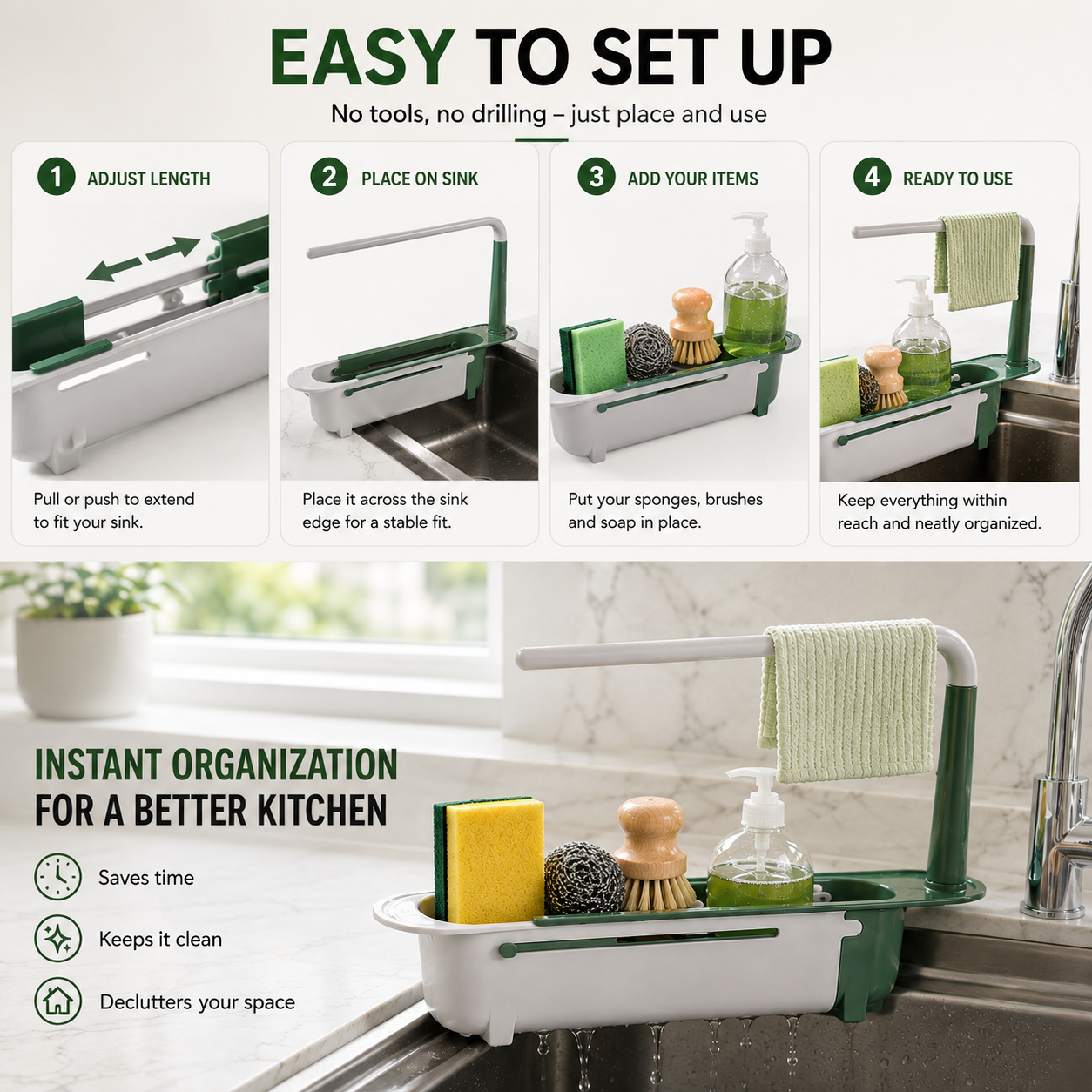✨ Adjustable Telescopic Sink Organizer – Drain, Dry & Declutter