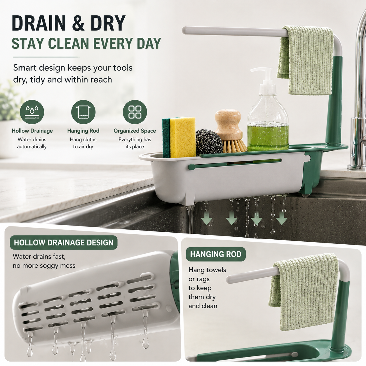 ✨ Adjustable Telescopic Sink Organizer – Drain, Dry & Declutter