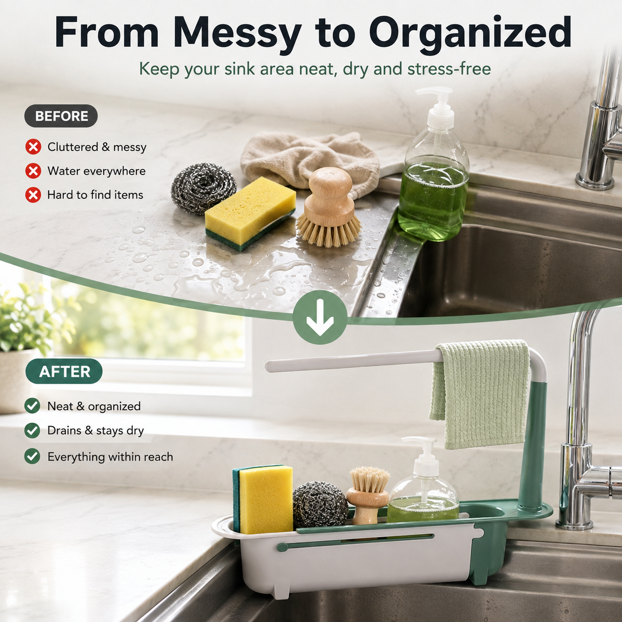 ✨ Adjustable Telescopic Sink Organizer – Drain, Dry & Declutter