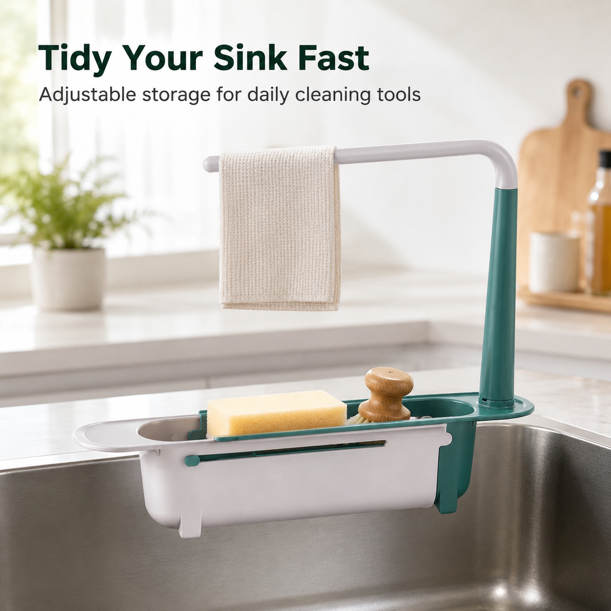 ✨ Adjustable Telescopic Sink Organizer – Drain, Dry & Declutter