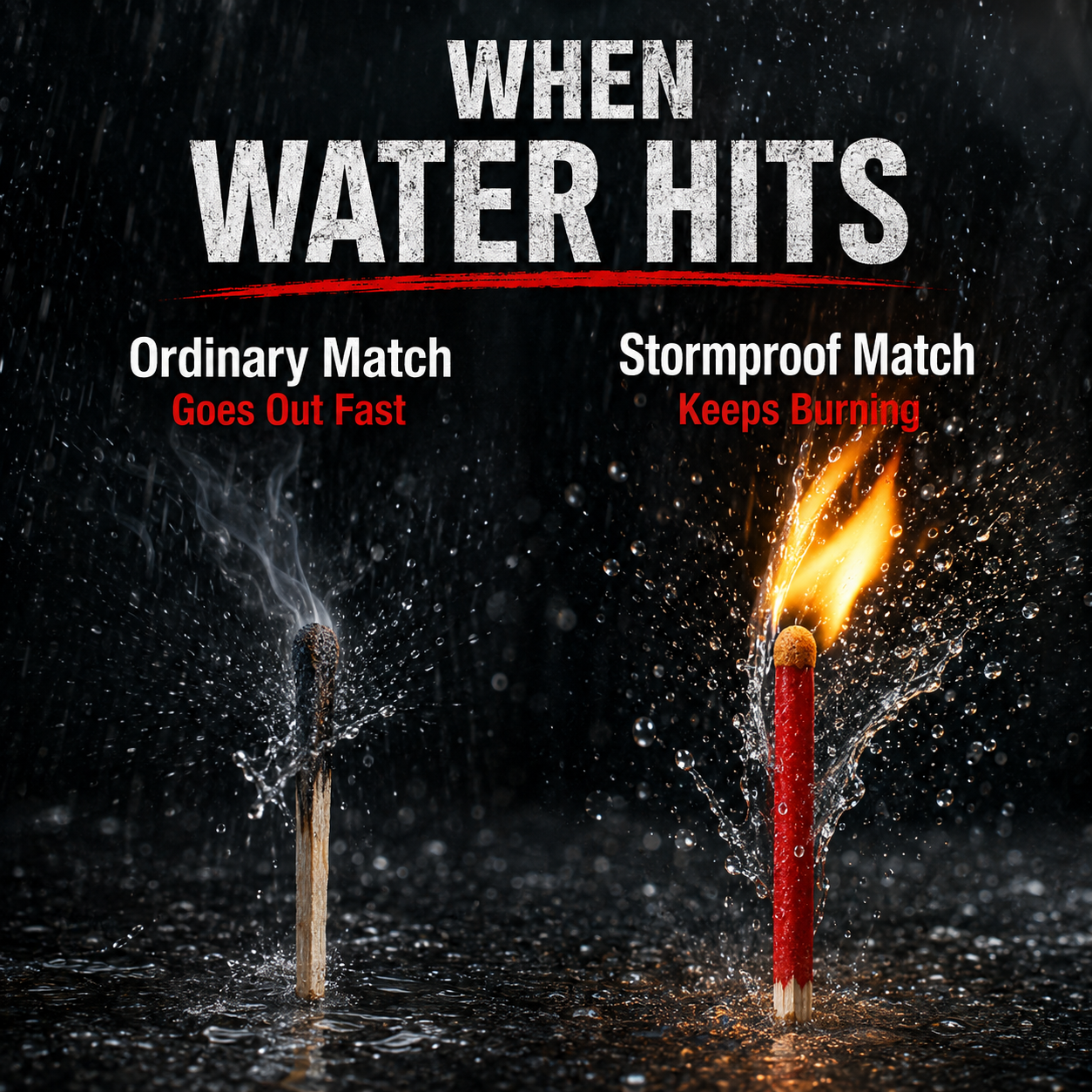 Ordinary match compared with storm-ready match in wet conditions