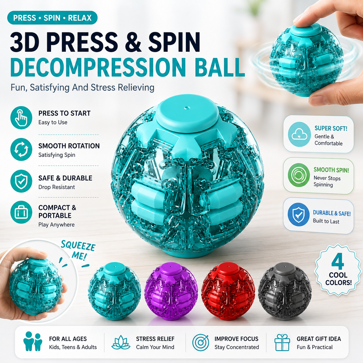 Press-to-Spin Transforming Fidget Ball | Stress Relief Desk Toy