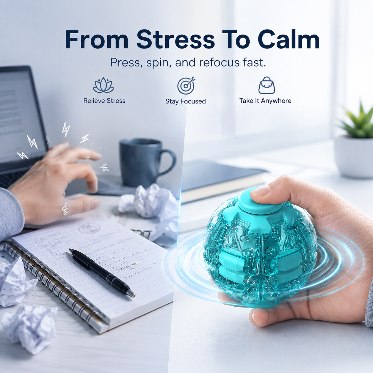 Press-to-Spin Transforming Fidget Ball | Stress Relief Desk Toy