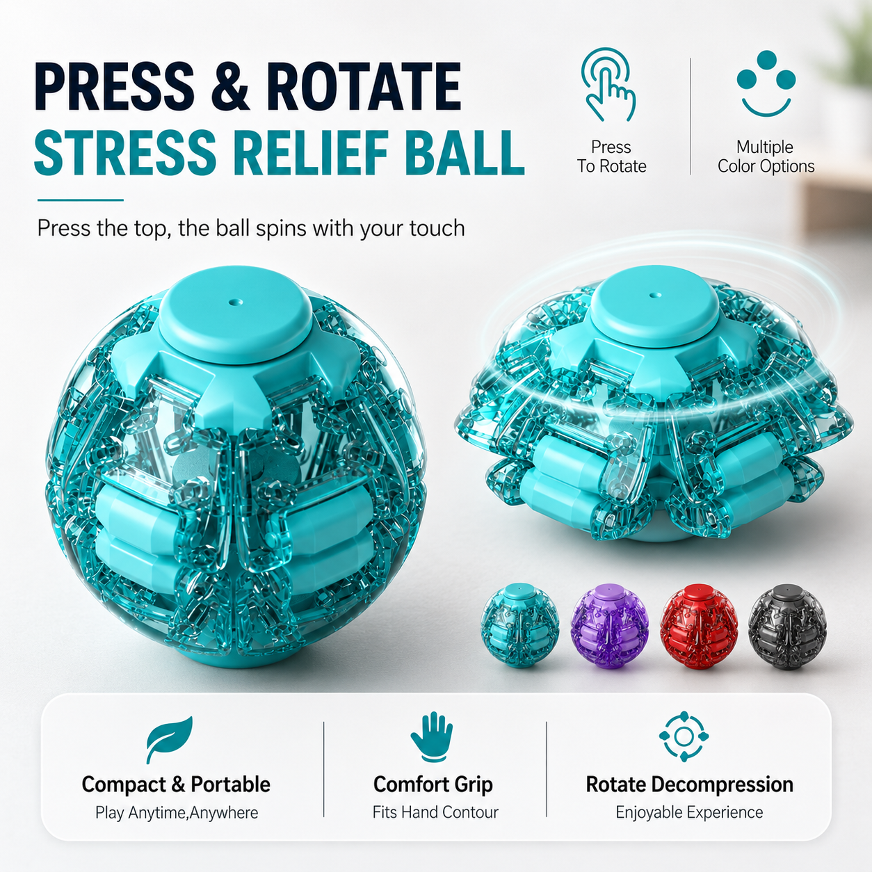 Press-to-Spin Transforming Fidget Ball | Stress Relief Desk Toy
