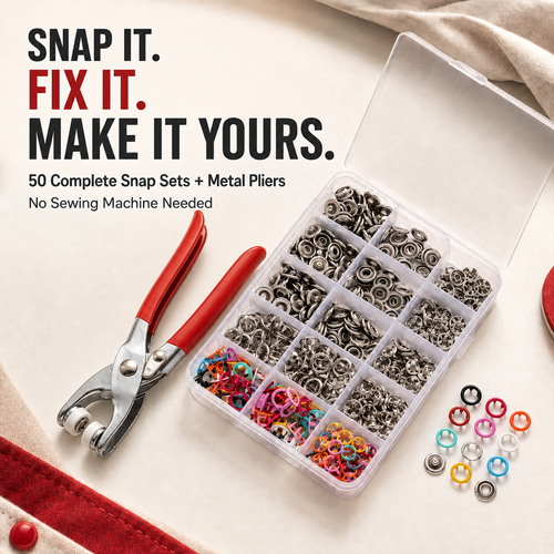 🧵 50-Set No-Sew Snap Button Pliers Kit – Complete Colored Fasteners with Metal Pliers & Storage Box