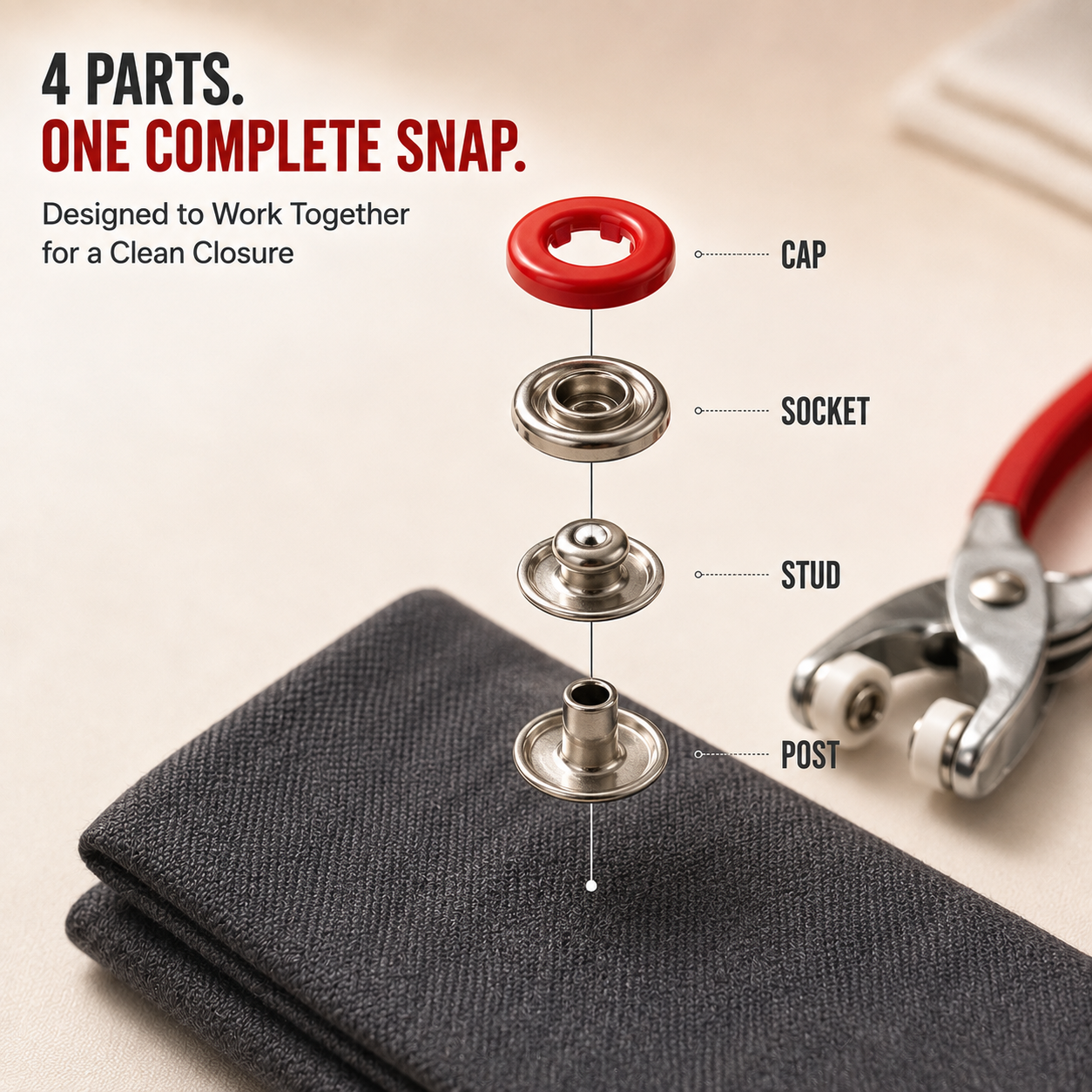 🧵 50-Set No-Sew Snap Button Pliers Kit – Complete Colored Fasteners with Metal Pliers & Storage Box