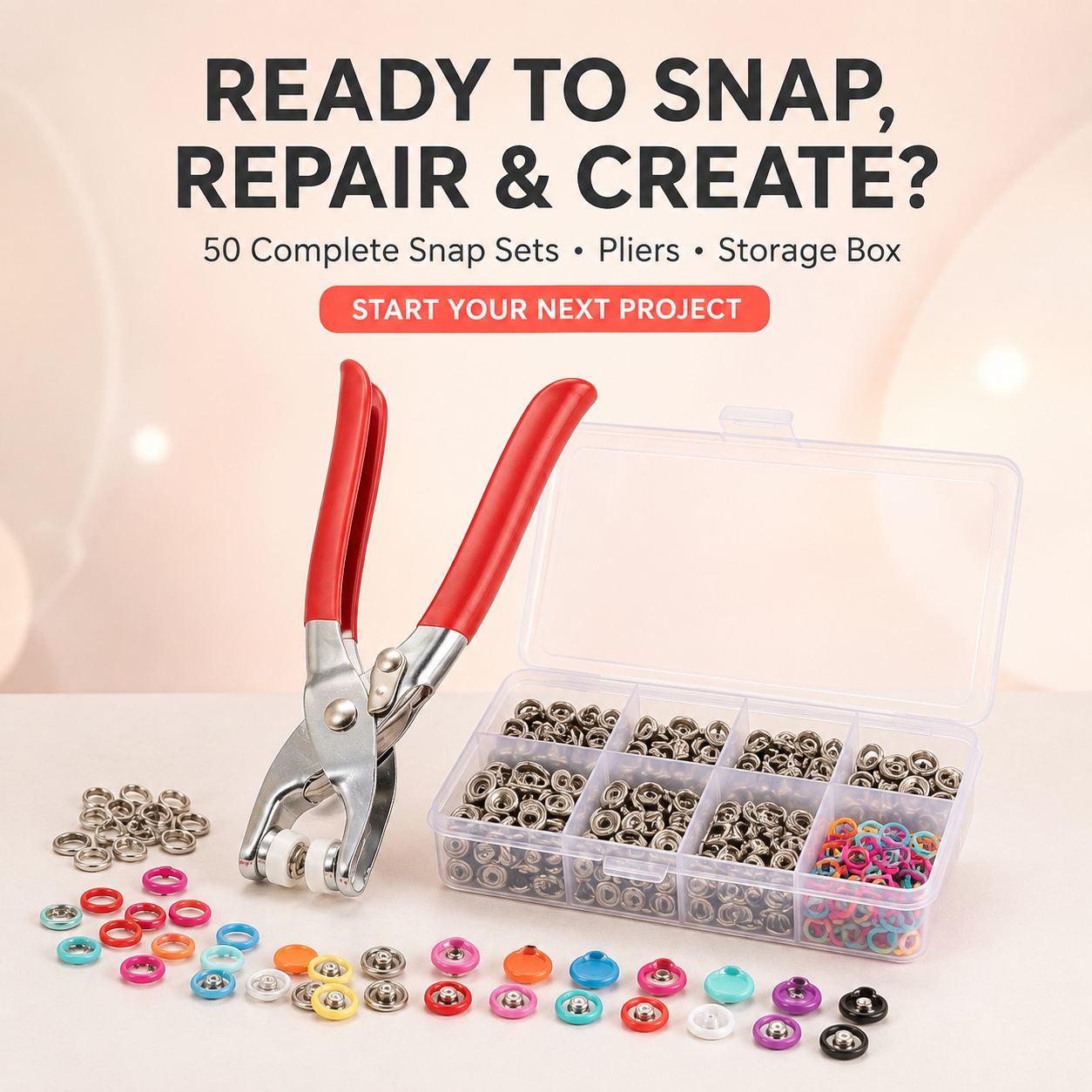🧵 50-Set No-Sew Snap Button Pliers Kit – Complete Colored Fasteners with Metal Pliers & Storage Box