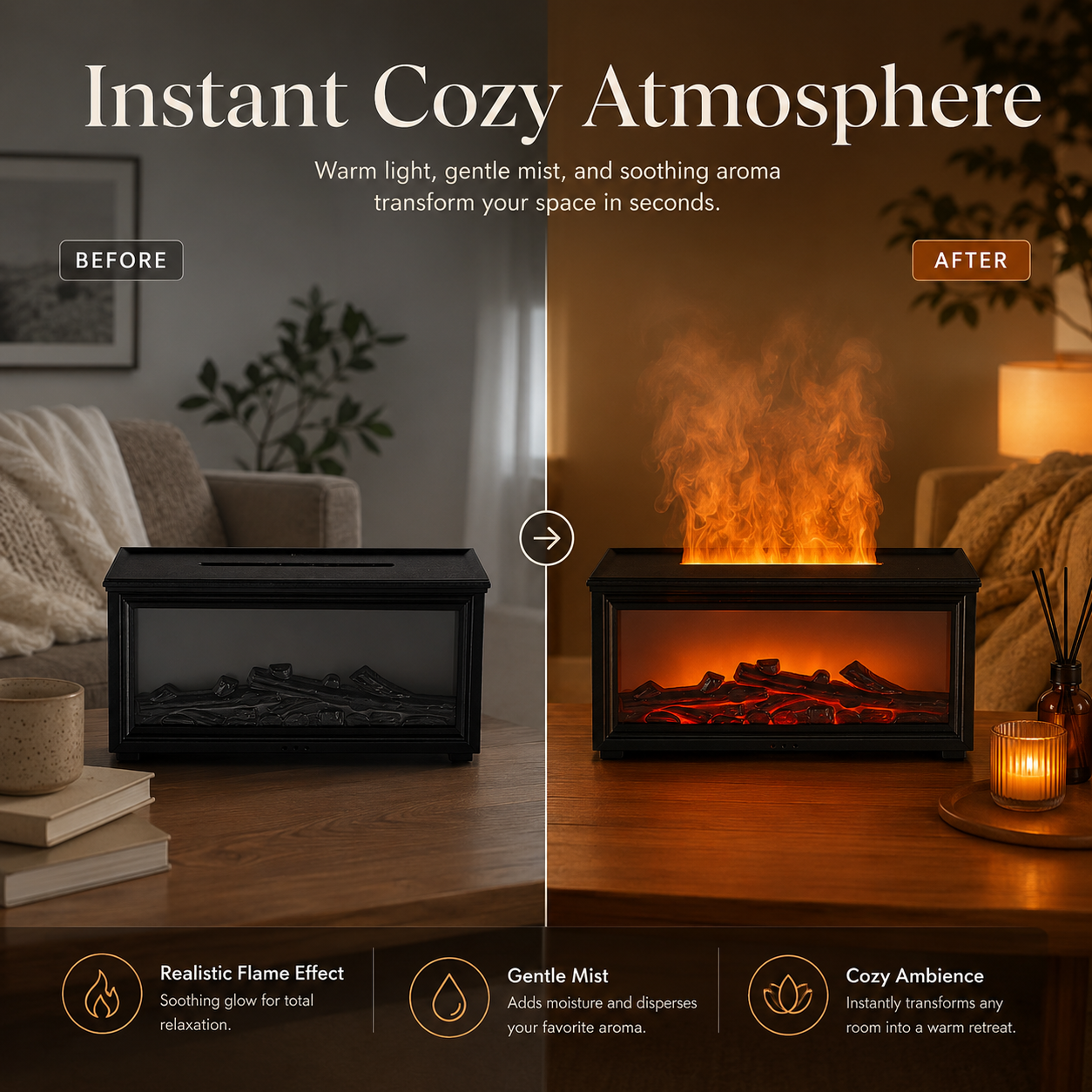 🔥 Fireplace Aroma Diffuser – Cozy Flame Effect with Soothing Mist & Warm Ambience
