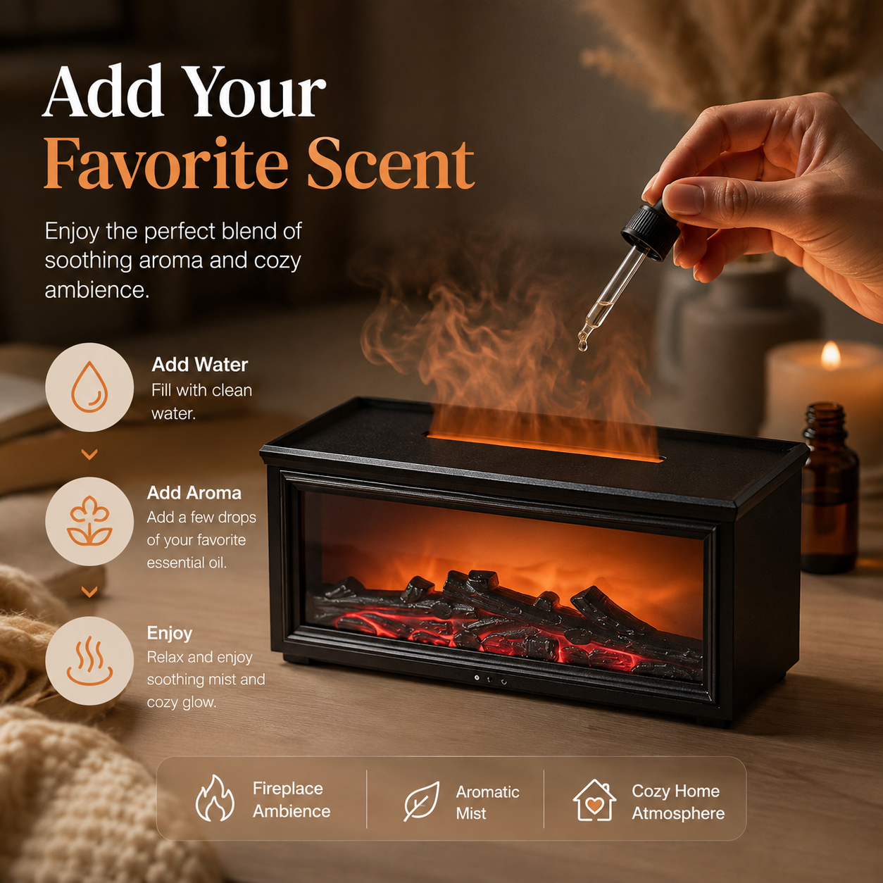 🔥 Fireplace Aroma Diffuser – Cozy Flame Effect with Soothing Mist & Warm Ambience