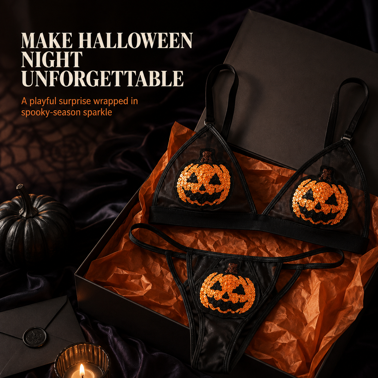 🎃 Sequin Pumpkin Sheer Lingerie Set – Halloween Two-Piece Outfit