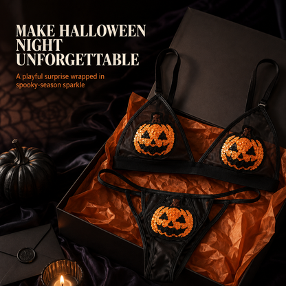 🎃 Sequin Pumpkin Sheer Lingerie Set – Halloween Two-Piece Outfit