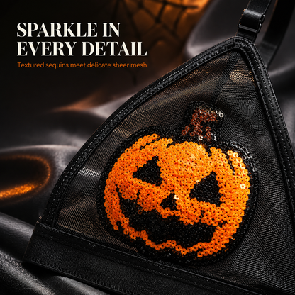🎃 Sequin Pumpkin Sheer Lingerie Set – Halloween Two-Piece Outfit