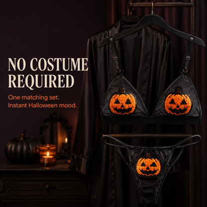 🎃 Sequin Pumpkin Sheer Lingerie Set – Halloween Two-Piece Outfit