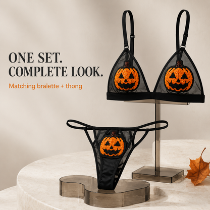 🎃 Sequin Pumpkin Sheer Lingerie Set – Halloween Two-Piece Outfit