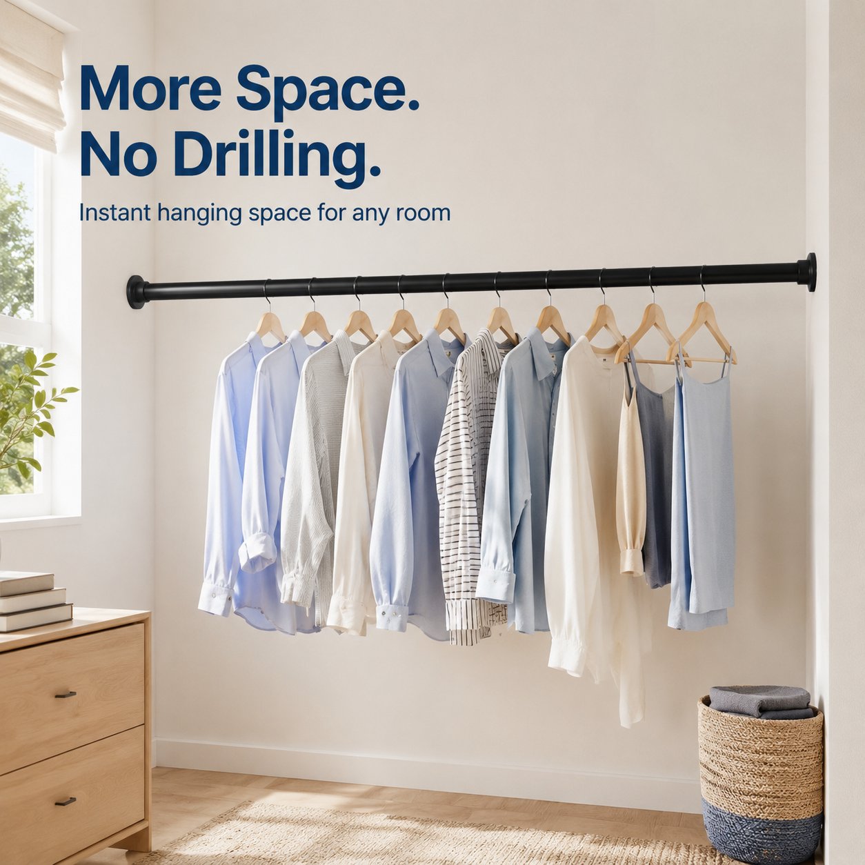 👚No-Drill Adjustable Tension Rod – Wall-to-Wall Clothes Hanging & Drying Bar