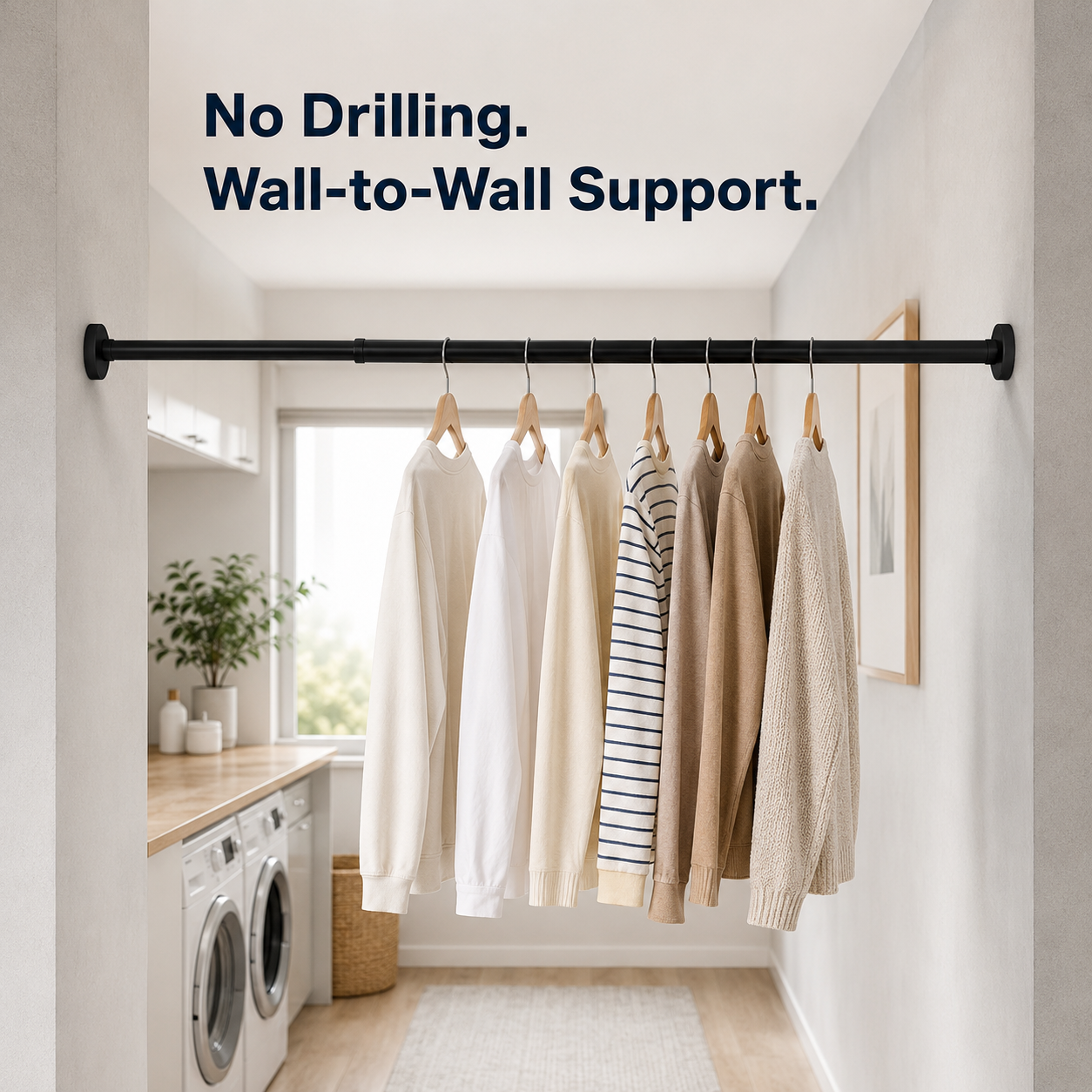 👚No-Drill Adjustable Tension Rod – Wall-to-Wall Clothes Hanging & Drying Bar