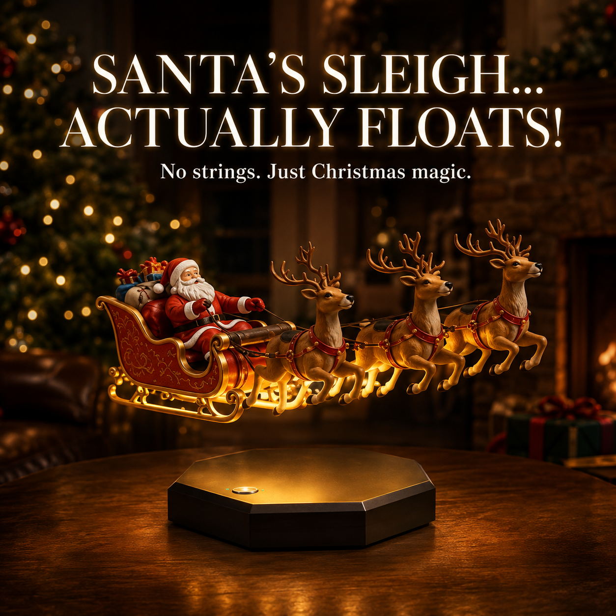 Floating Santa sleigh with four reindeer magnetic levitation Christmas display