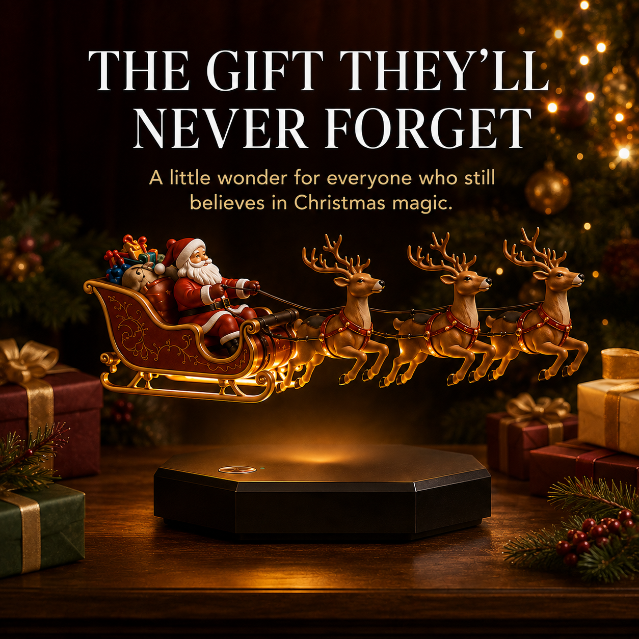 Floating Santa sleigh magnetic Christmas display as holiday gift