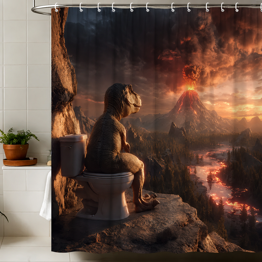 🦖 Funny T-Rex Toilet Shower Curtain – Volcano Bathroom Decor