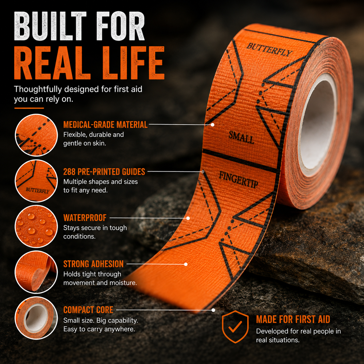 Medical-Grade First Aid Tape – 288 Cut-Ready Guides