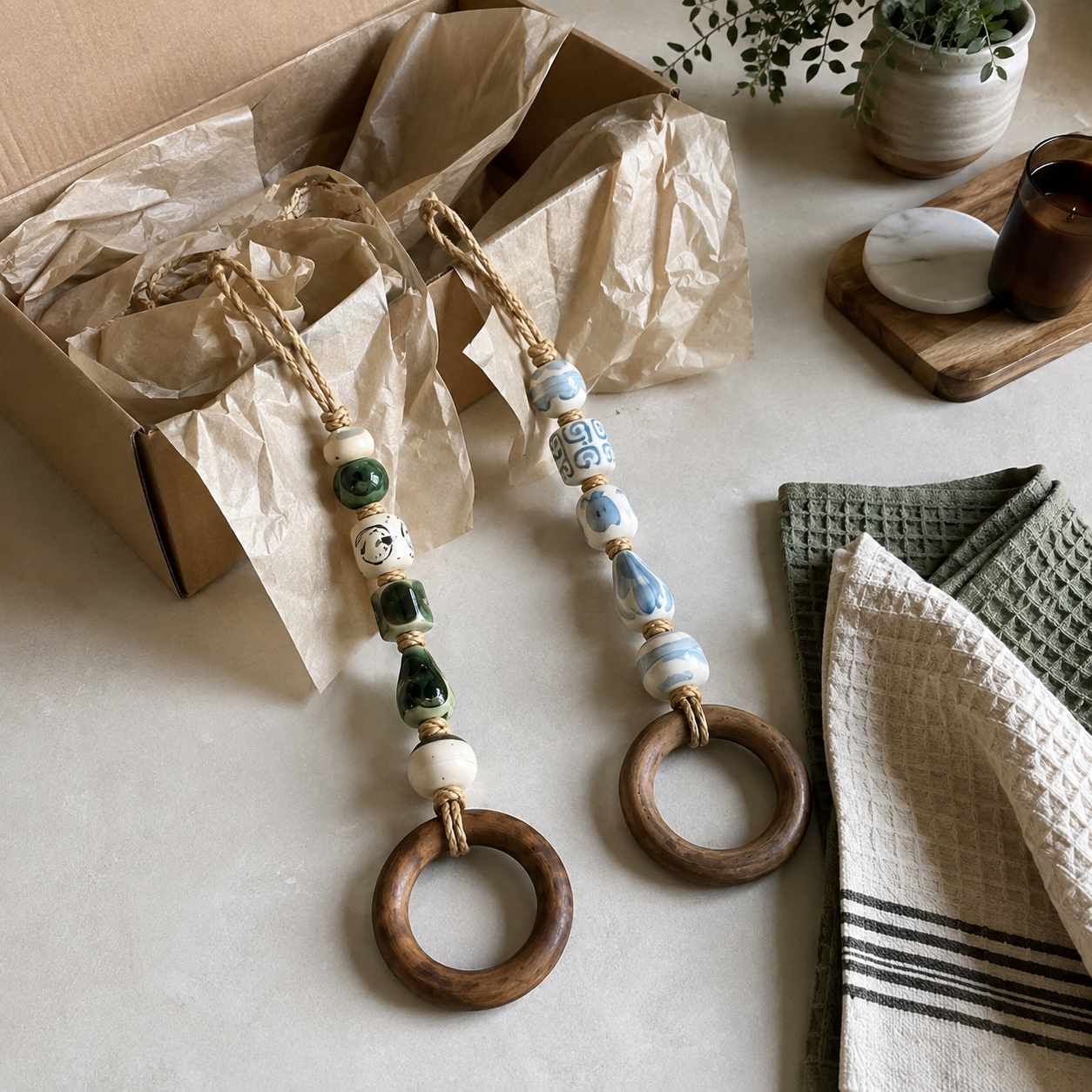 Decorative Beaded Towel Hanger with Wooden Ring