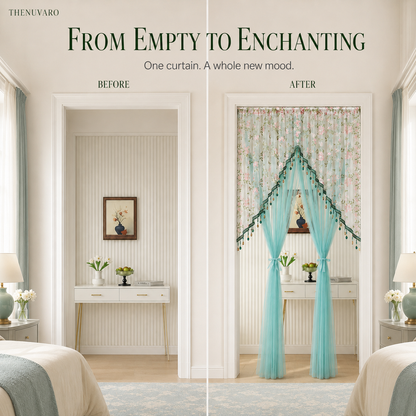 🌸 Extra-Wide Embroidered Beaded Doorway Curtain – Romantic Sheer Tie-Back Divider