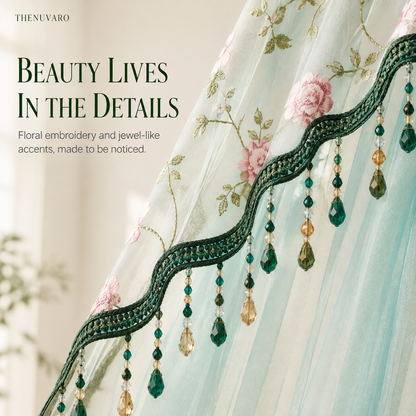 🌸 Extra-Wide Embroidered Beaded Doorway Curtain – Romantic Sheer Tie-Back Divider